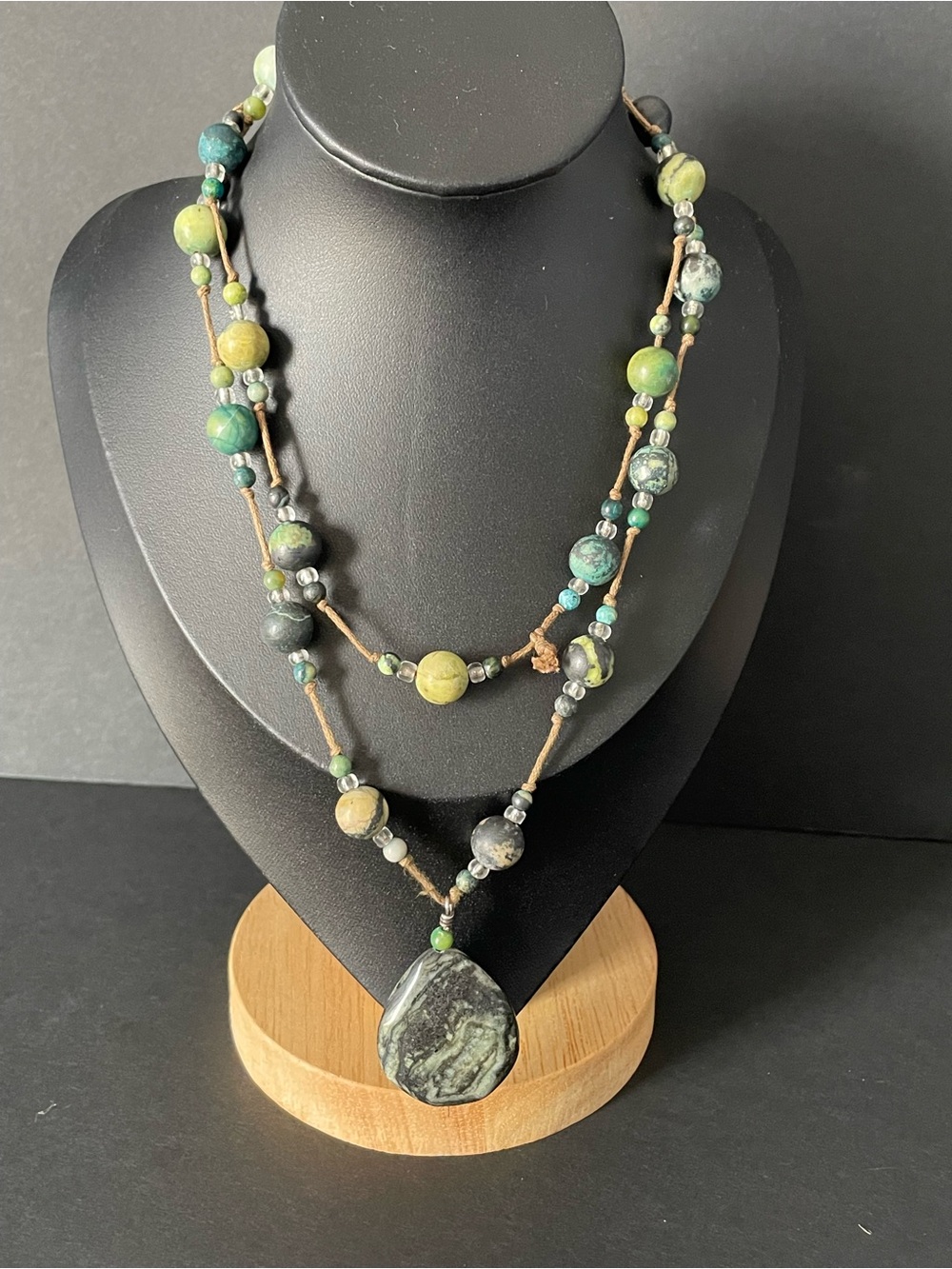 Handmade Green Beaded Layered Necklace with Natural Stone Pendant